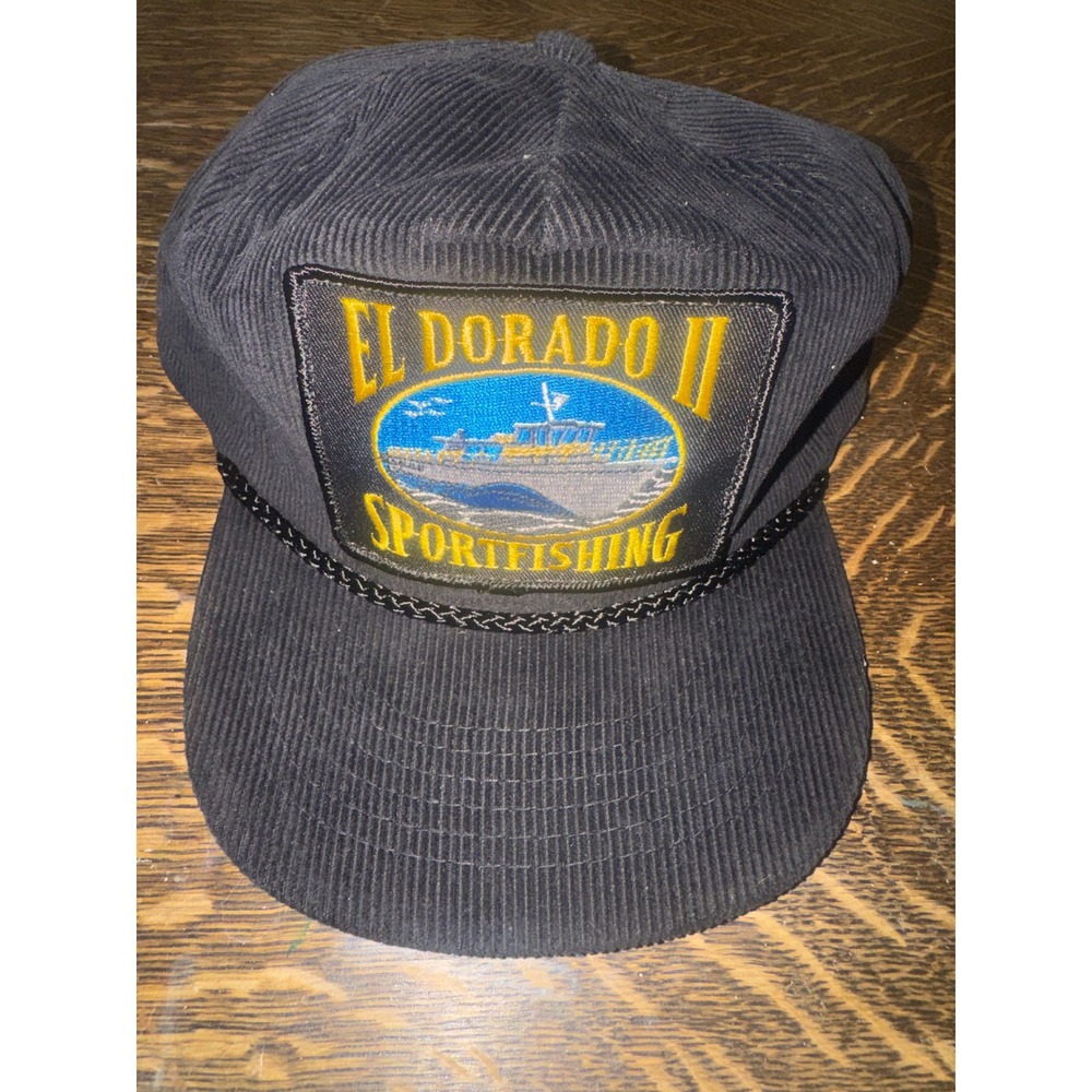 Vintage KC El Dorado II Sportfishing Corduroy Snapback Hat Black Rope Cap